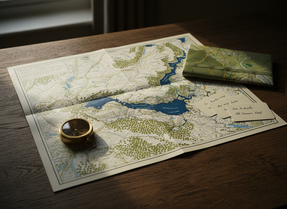 A sleek, detailed map of Killarney National Park rendered in photographic realism, printed on slightly textured cream paper with finely drawn contour lines, lakes, and woodland areas in muted greens and deep blues. The map lies open on a dark, weathered wooden table, surrounded by a brass compass, folded waterproof trail map, and a small stack of neatly labeled route cards. Soft morning daylight from an unseen window grazes across the surface, creating gentle highlights on the compass glass and subtle shadows along the map’s creases. Shot from a slightly elevated, three-quarter angle with sharp focus in the center and a mild vignette, the mood is professional, organized, and inviting, suggesting a carefully planned tour experience.