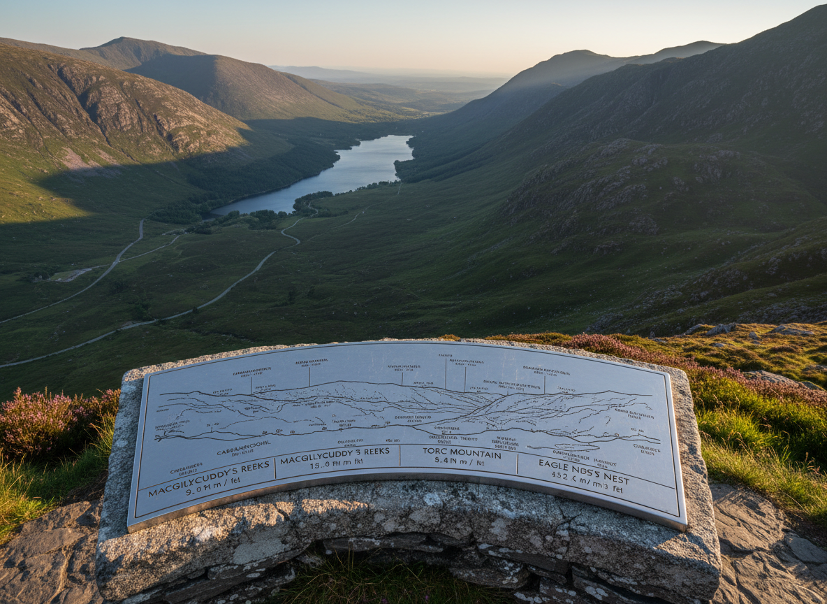 A panoramic vista of Killarney’s rugged mountains and deep green valleys, seen from a marked stone viewpoint with an engraved metal orientation plaque in the foreground. The plaque displays meticulously etched names and elevations of visible peaks, its brushed metal surface catching the light. Short heather and tufts of grass cluster around the stone base, while a winding road and distant lakes recede into the background. Late afternoon sunlight bathes the landscape in a warm, golden tone, casting long, defined shadows that emphasize the terrain’s contours. Captured in photographic realism from a low angle that frames the plaque in the lower third and the expansive scenery above, the mood is confident and professional, highlighting expert local knowledge of the terrain.