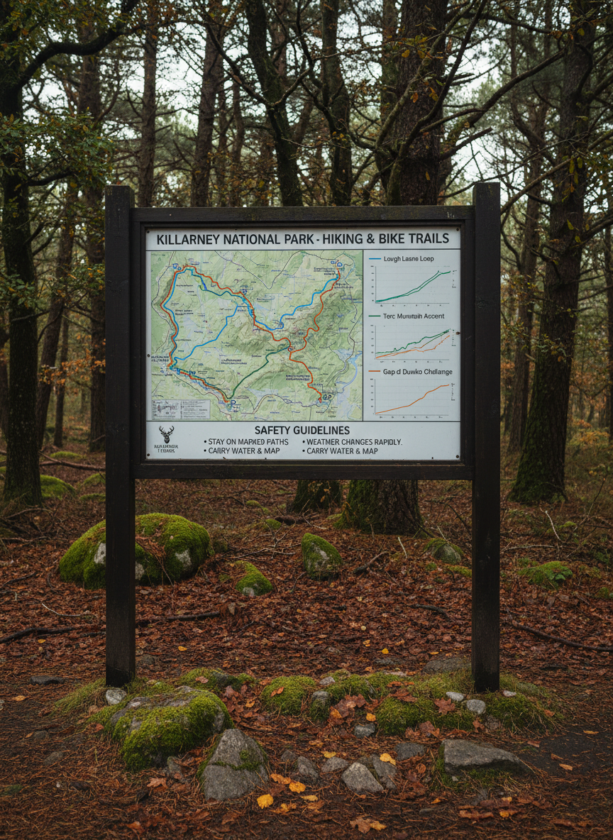 A sturdy, weatherproof information board at a Killarney trailhead, featuring a professionally designed overview of multiple tour routes. The board shows clear color-coded paths, elevation profiles, and concise safety notes printed on a matte, anti-glare surface. Around the base, damp forest floor is scattered with pine needles, moss-covered rocks, and a few fallen leaves. Soft, diffused light filters through the dense tree canopy above, creating a calm yet slightly adventurous atmosphere with gentle dappled shadows on the sign. Photographed straight-on at eye level with sharp focus across the entire scene, the composition is symmetrical and orderly, underscoring reliability and organization. The photographic style is clean and realistic, emphasizing the professionalism and structure behind the guided tours.