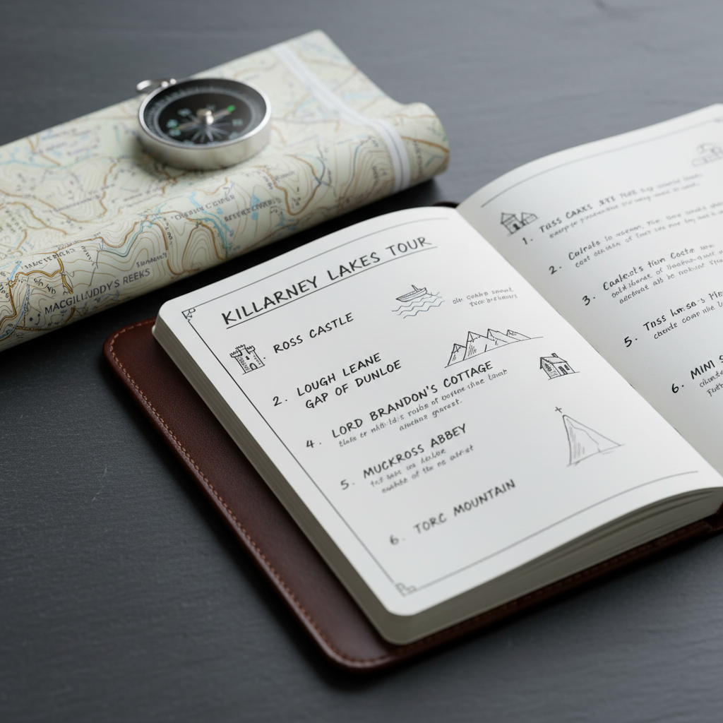 A polished leather-bound field notebook open to a neatly sketched itinerary of a Killarney lakes tour, each stop carefully annotated with small, hand-drawn icons of mountains, castles, and boats. The notebook rests on a smooth, dark slate surface alongside a finely detailed topographic map and a stainless steel compass with a precise cardinal dial. Diffused overcast light from above creates a clean, professional ambiance with minimal shadows, emphasizing clarity and precision. Captured at eye level with a shallow depth of field that softly blurs the edges, the composition follows the rule of thirds, highlighting the itinerary page. The photographic style is crisp and modern, conveying reliability, expertise, and meticulous tour planning.