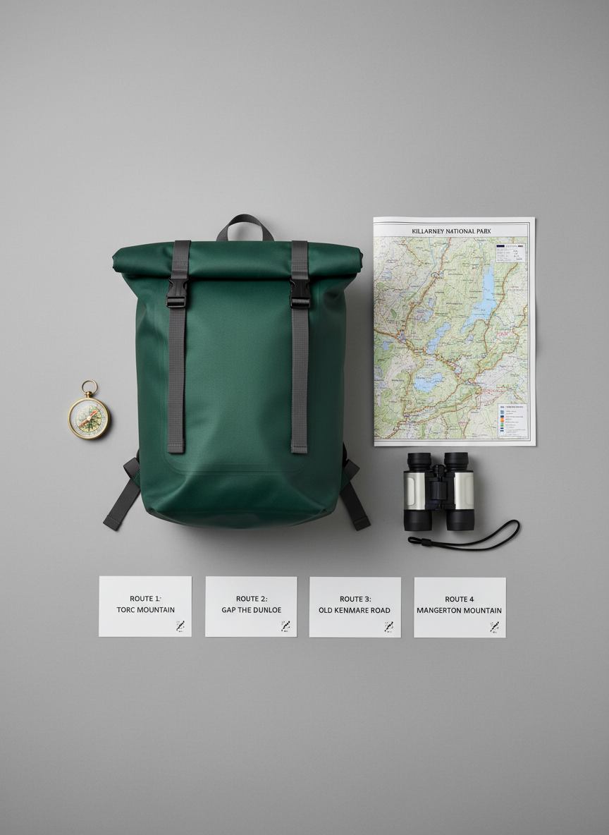A meticulously organized gear layout for a Killarney hiking tour, arranged on a clean, neutral grey background in photographic realism. A waterproof backpack, detailed topographic map, compact binoculars, compass, and clearly labeled route cards are all positioned with precise spacing. Each item appears well-maintained and practical, featuring muted, professional colors like deep forest green, charcoal, and navy. Soft studio lighting from above creates even illumination with minimal shadows, emphasizing clarity and order. Shot directly from a bird’s-eye view, the composition feels structured and methodical, with each piece of equipment clearly legible. The overall mood is professional and reassuring, visually communicating that every detail of the tour has been carefully considered and prepared in advance.