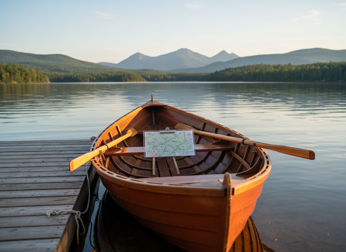 A traditional wooden rowboat, freshly varnished to a rich amber sheen, is moored at the edge of a calm Killarney lake. The boat’s oars rest neatly inside, alongside a detailed laminated route chart secured under a clear clip on the seat. Surrounding the boat, the still water reflects the distant, tree-covered hills and a faint outline of rugged mountains under a pale blue sky. Golden hour sunlight creates warm highlights on the boat’s curved edges and glimmers across the gentle ripples. Photographed from a low, slightly diagonal angle near the waterline, with sharp focus on the boat and a soft, natural bokeh on the far shore, the atmosphere is serene, professional, and inviting, suggesting a guided lake tour about to begin.