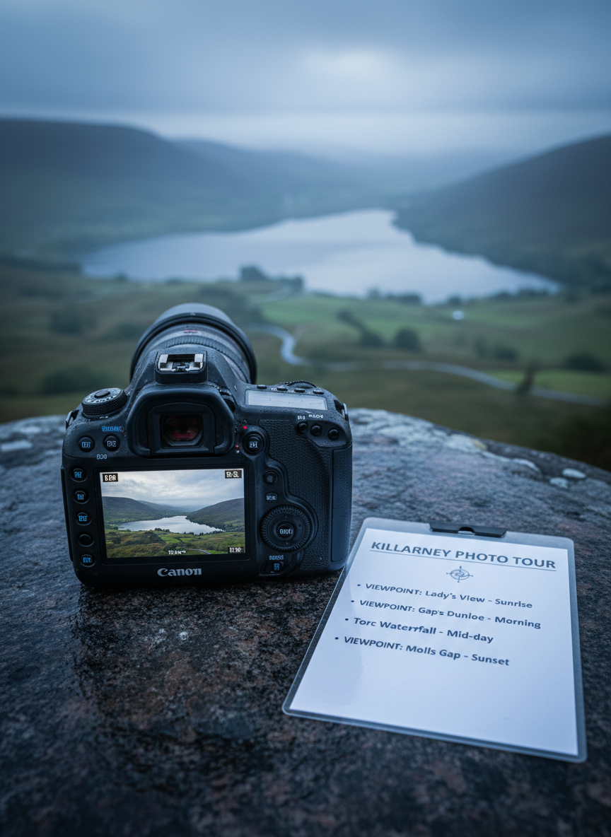 A close-up of a high-quality, weather-sealed DSLR camera resting on a smooth, dark granite rock overlooking a misty Killarney valley. The camera’s rear screen displays a perfectly composed shot of the valley’s layered hills, glimmering lake, and snaking road below. Next to it lies a laminated shot list labeled with scenic viewpoints and suggested times of day. Early morning light, softened by low cloud, wraps the scene in a cool, professional tone, with subtle highlights on the camera’s edges and buttons. Captured from a slightly elevated angle with shallow depth of field, the valley beyond appears softly blurred while the camera and screen remain pin-sharp. The mood is composed and expert, suggesting guided photography tours through Killarney.