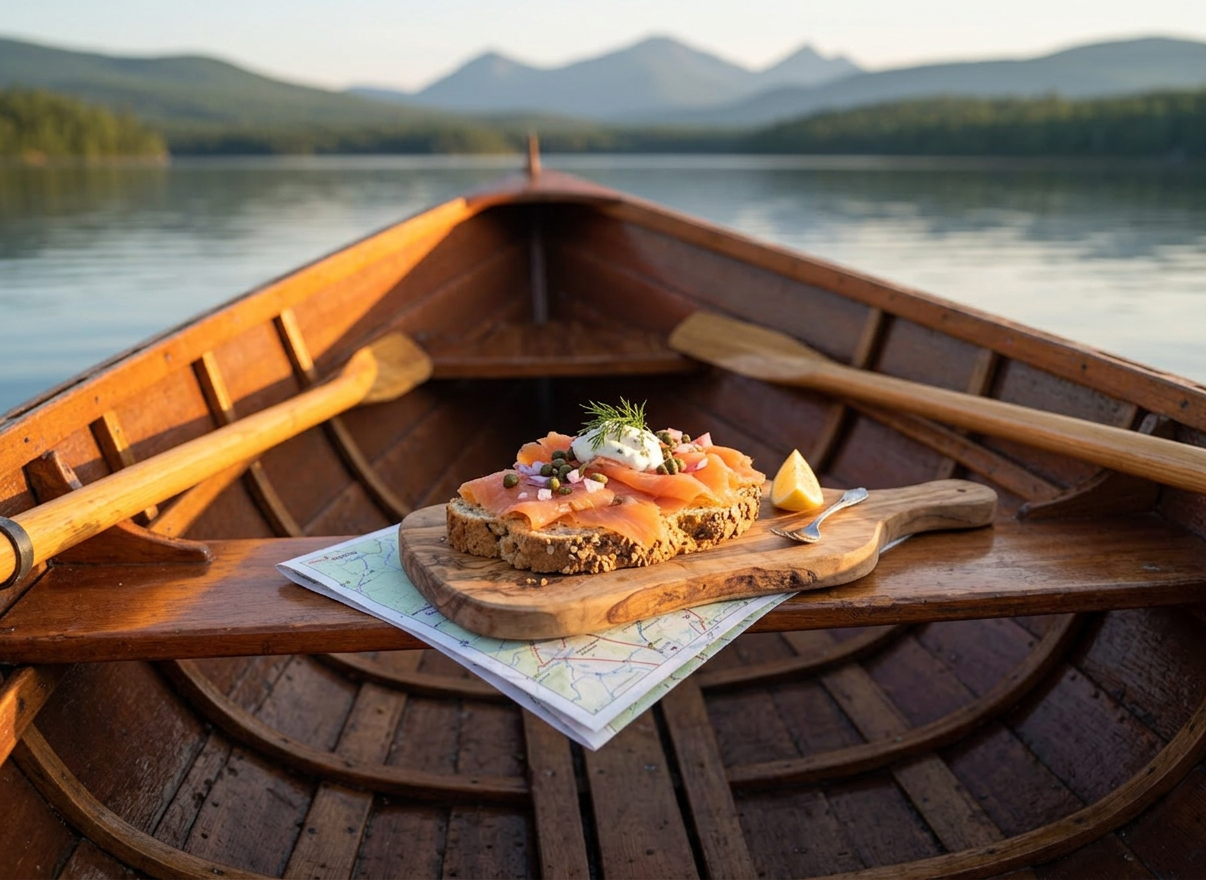 Smoked salmon toast on whole grain bread on a cutting board inside a wooden rowboat with lake and mountains in background