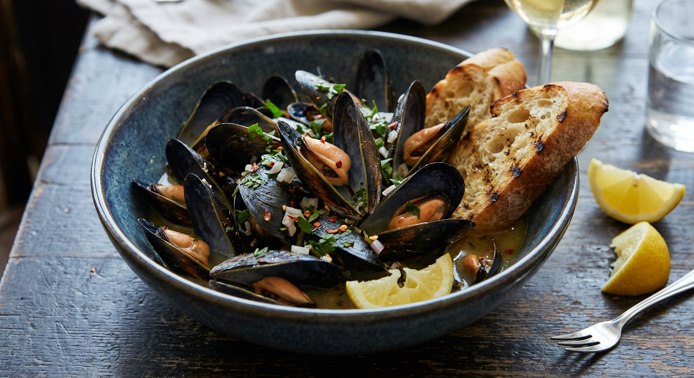 Steamed mussels in a bowl with chopped herbs, grilled bread, and lemon wedges